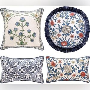 patdrea Floral Linen Throw Pillow Covers,Blue French Cottage Flower Car,Set of4